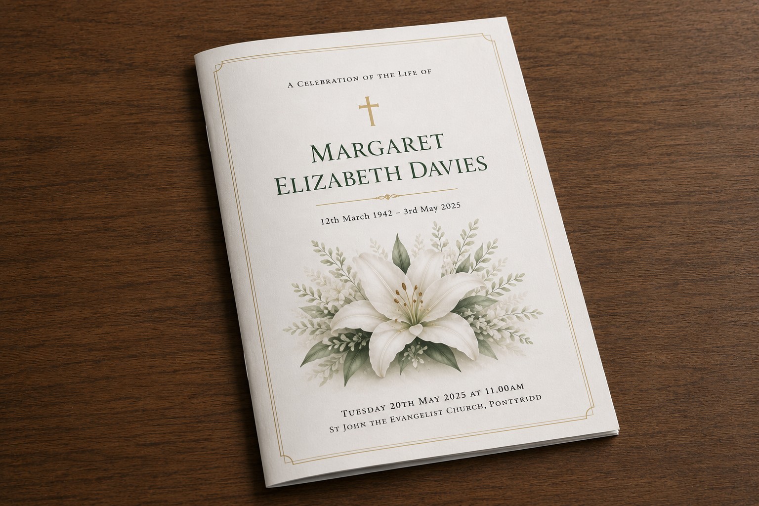 Illustrative closed funeral Order of Service booklet