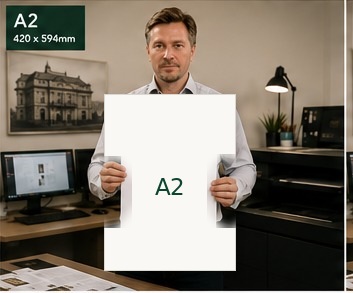 Jonathan holding an A2 sheet, 420 by 594 millimetres