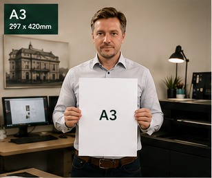 Jonathan holding an A3 sheet, 297 by 420 millimetres