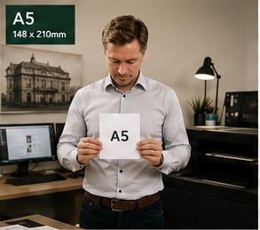 Jonathan holding an A5 sheet, 148 by 210 millimetres