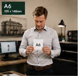 Jonathan holding an A6 sheet, 105 by 148 millimetres