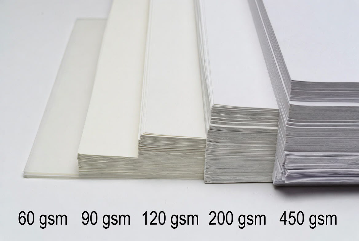 Paper stacks showing increasing weights from 60gsm to 450gsm