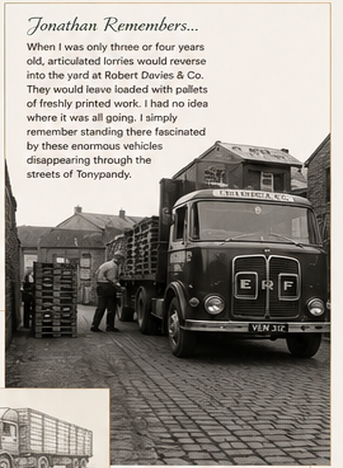 Illustrative black-and-white reconstruction of a 1960s articulated haulage lorry collecting pallets from a narrow rear lane
