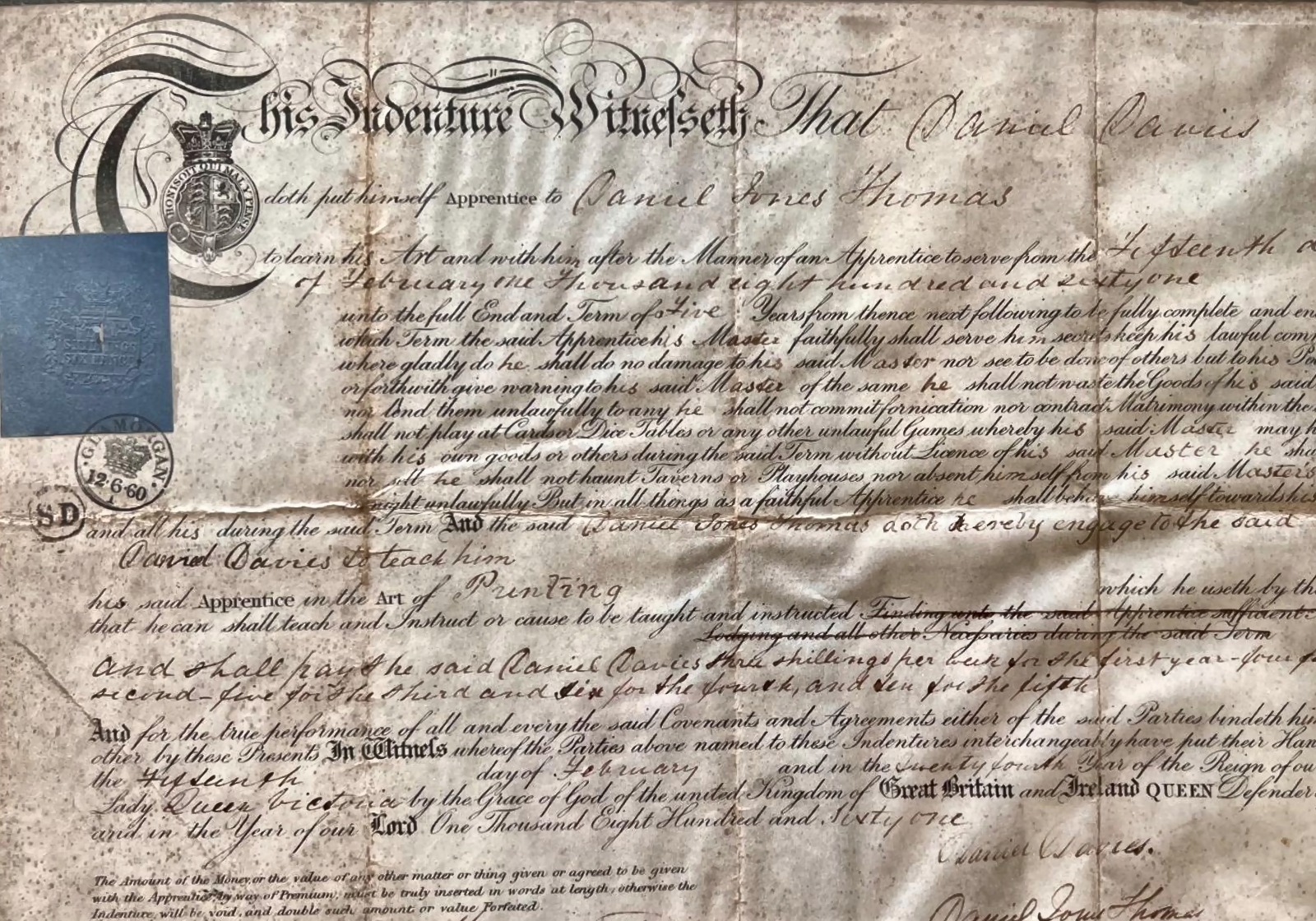 The 1861 printing apprenticeship indenture