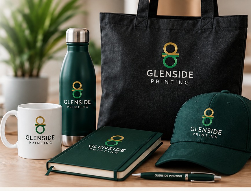 Promotional merchandise including drinkware, bags, notebooks, caps and pens